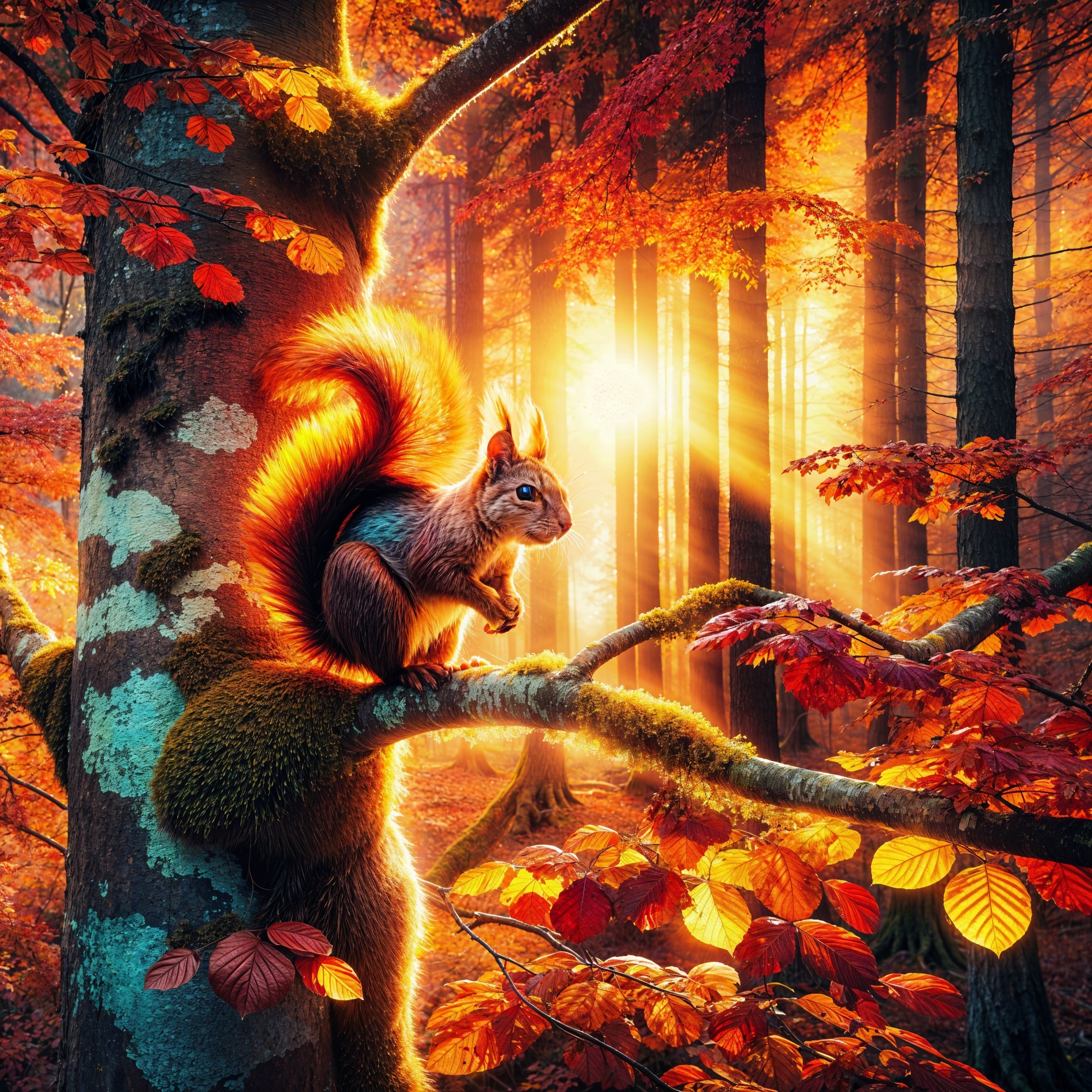 Autumn Forest with Squirrel and Golden Sunlight