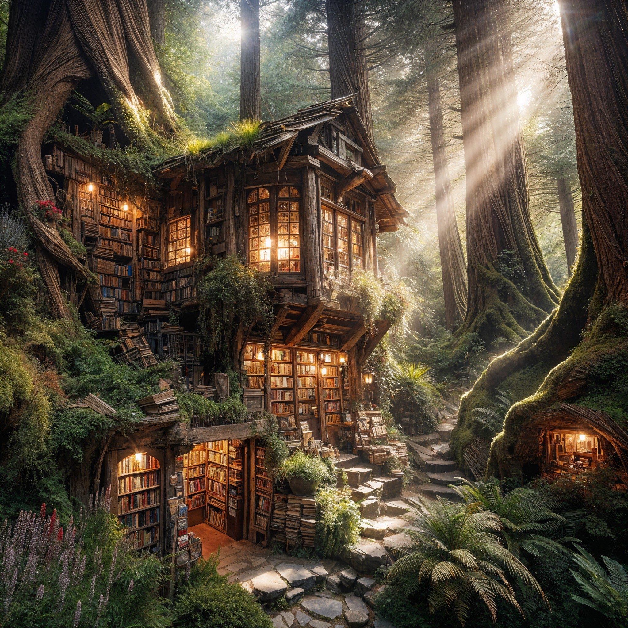 Whimsical Library House Surrounded by Lush Trees