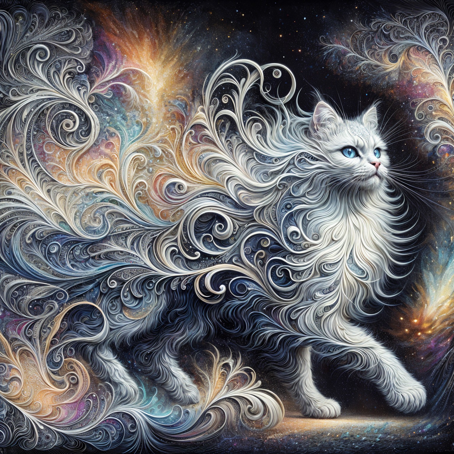 White Cat with Cosmic Fur and Vibrant Blue Eyes