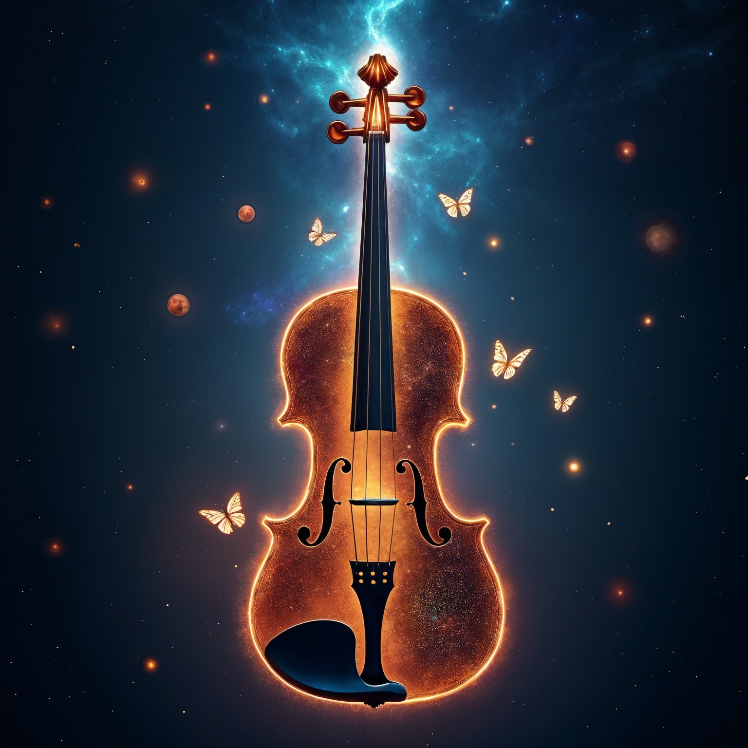 Violin Against Cosmic Backdrop with Butterflies
