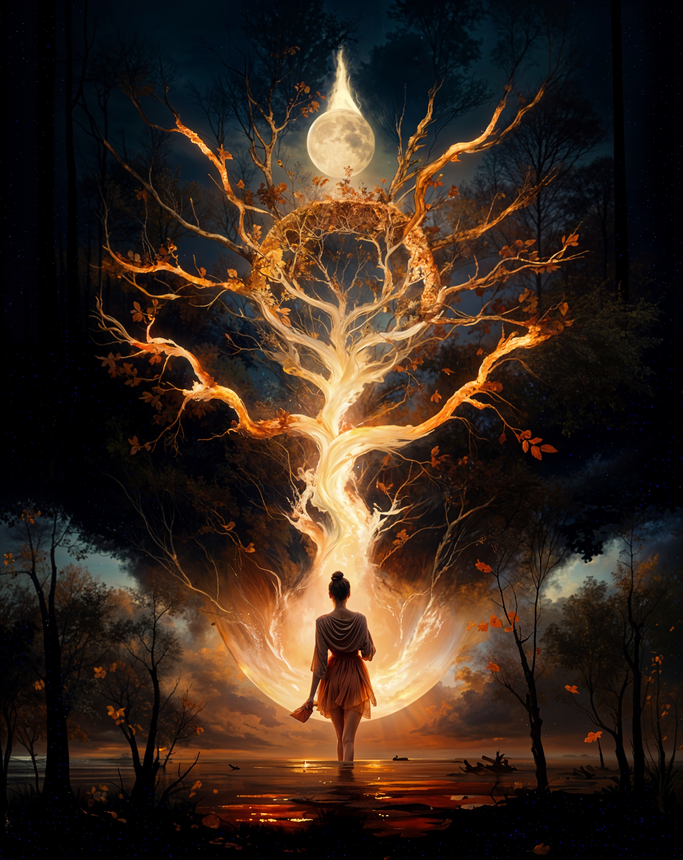 Serene Figure by Tranquil Water and Glowing Tree