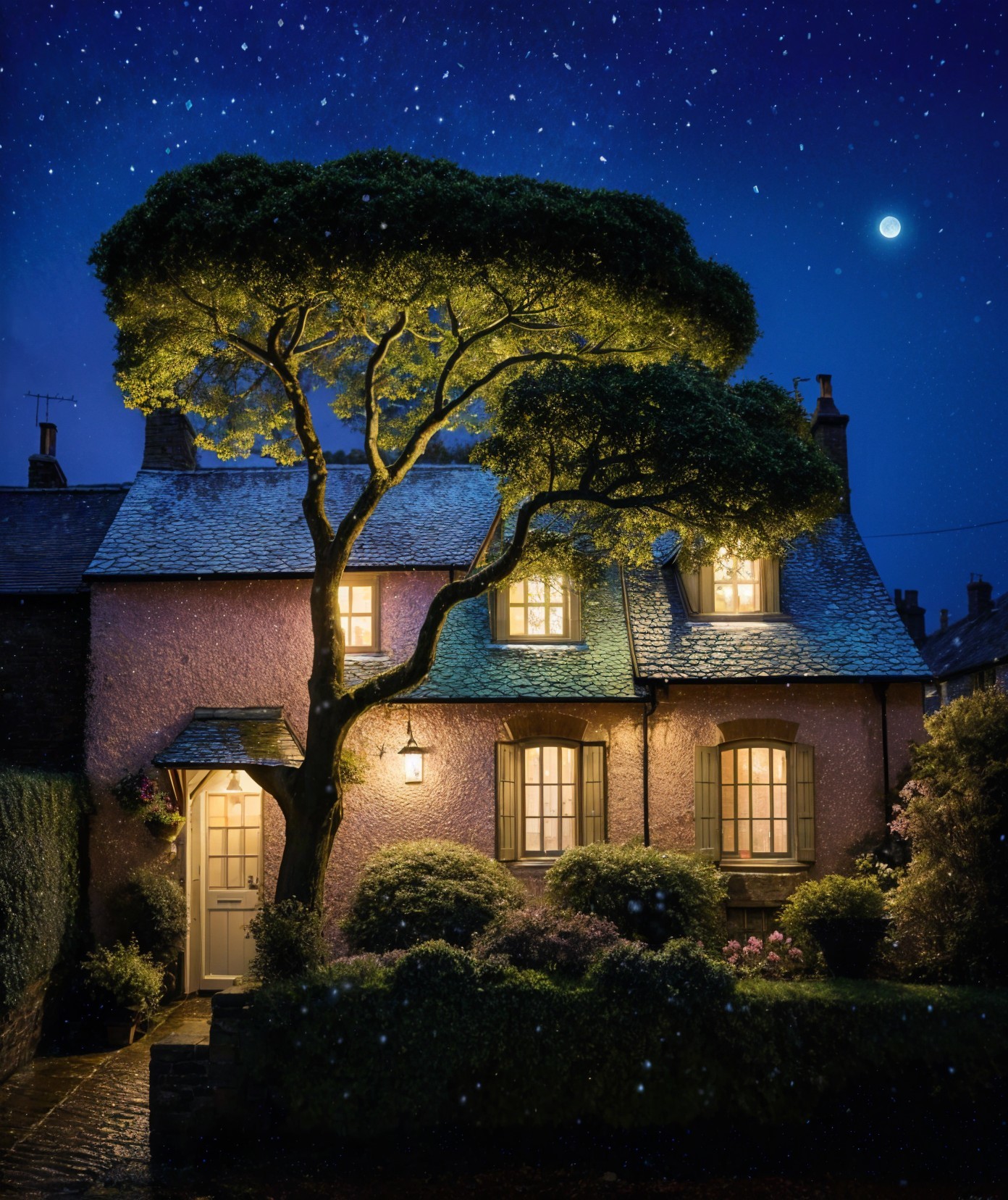 Charming Cottage Under Starlit Sky with Lush Foliage