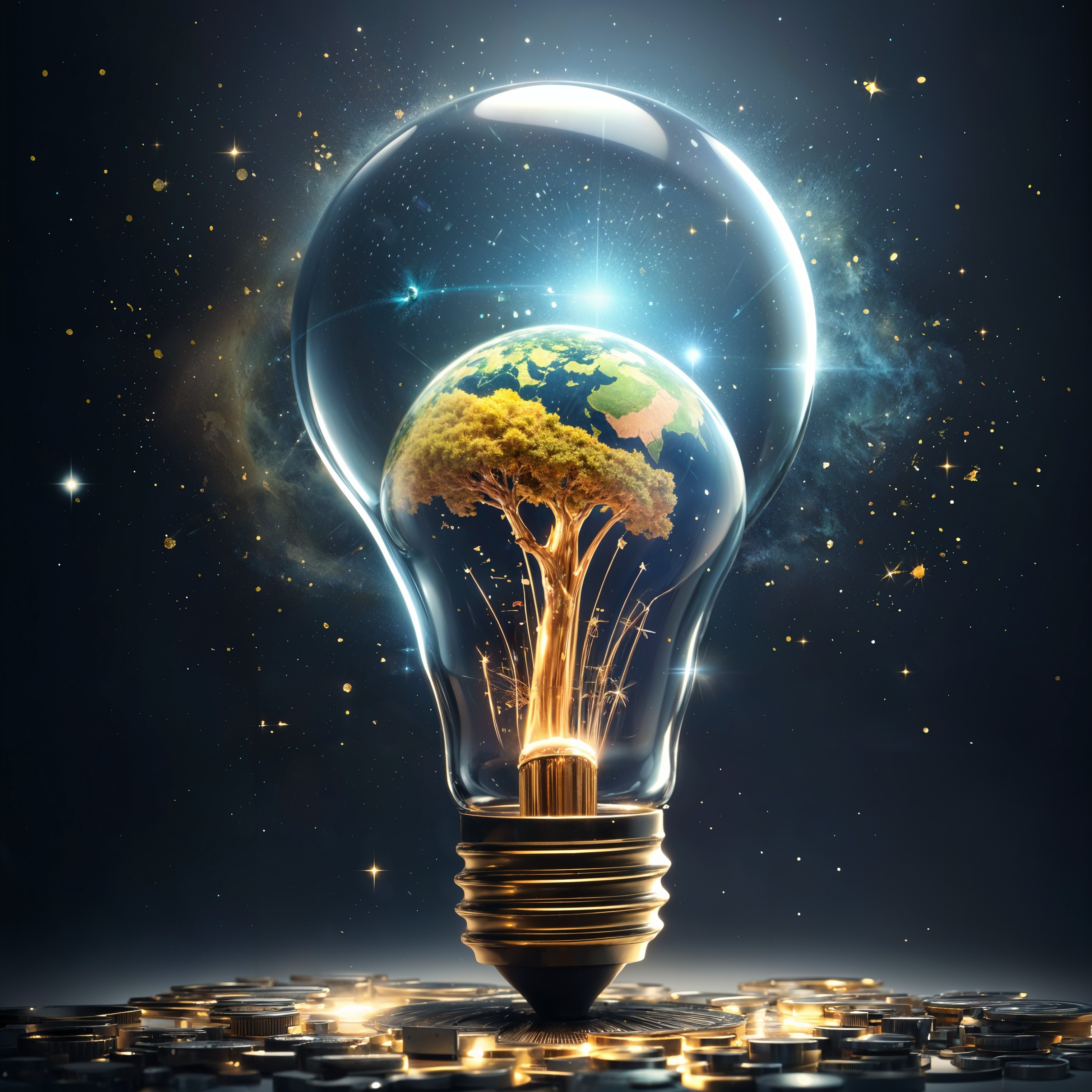 Miniature Earth in Light Bulb with Tree and Coins