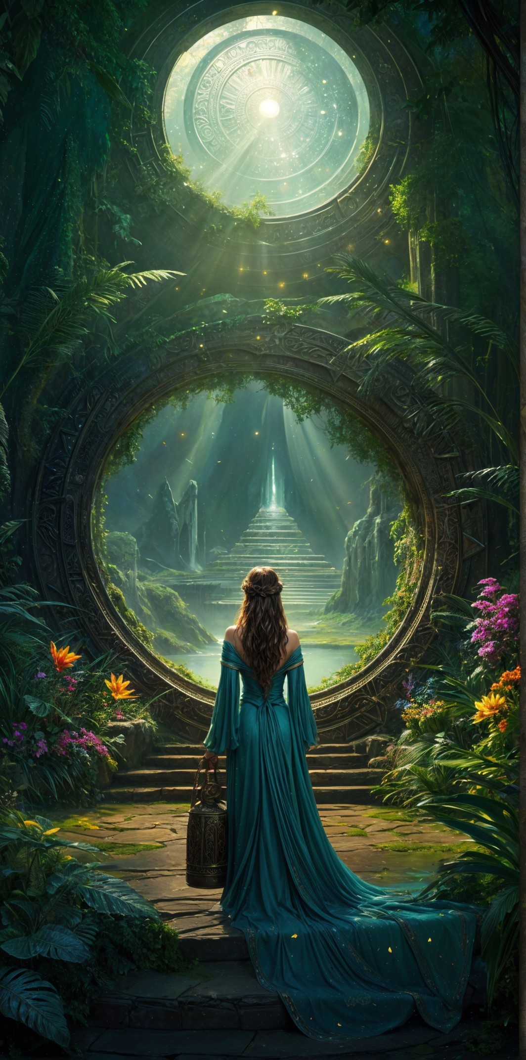 Woman in Turquoise Gown at Mystical Portal Entrance