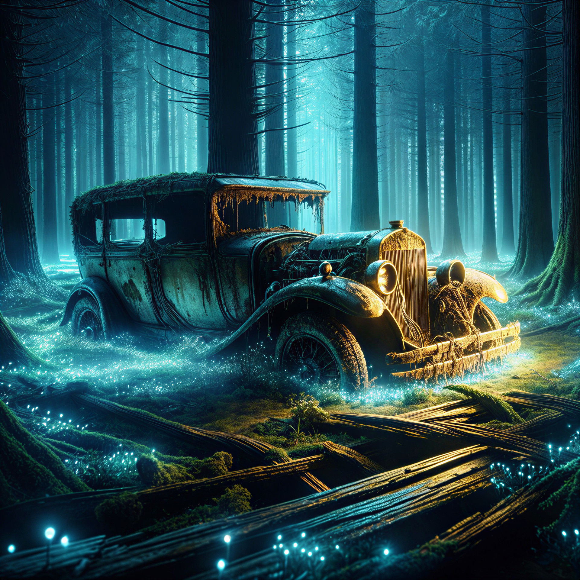 Abandoned Car in a Misty Enchanted Forest Scene