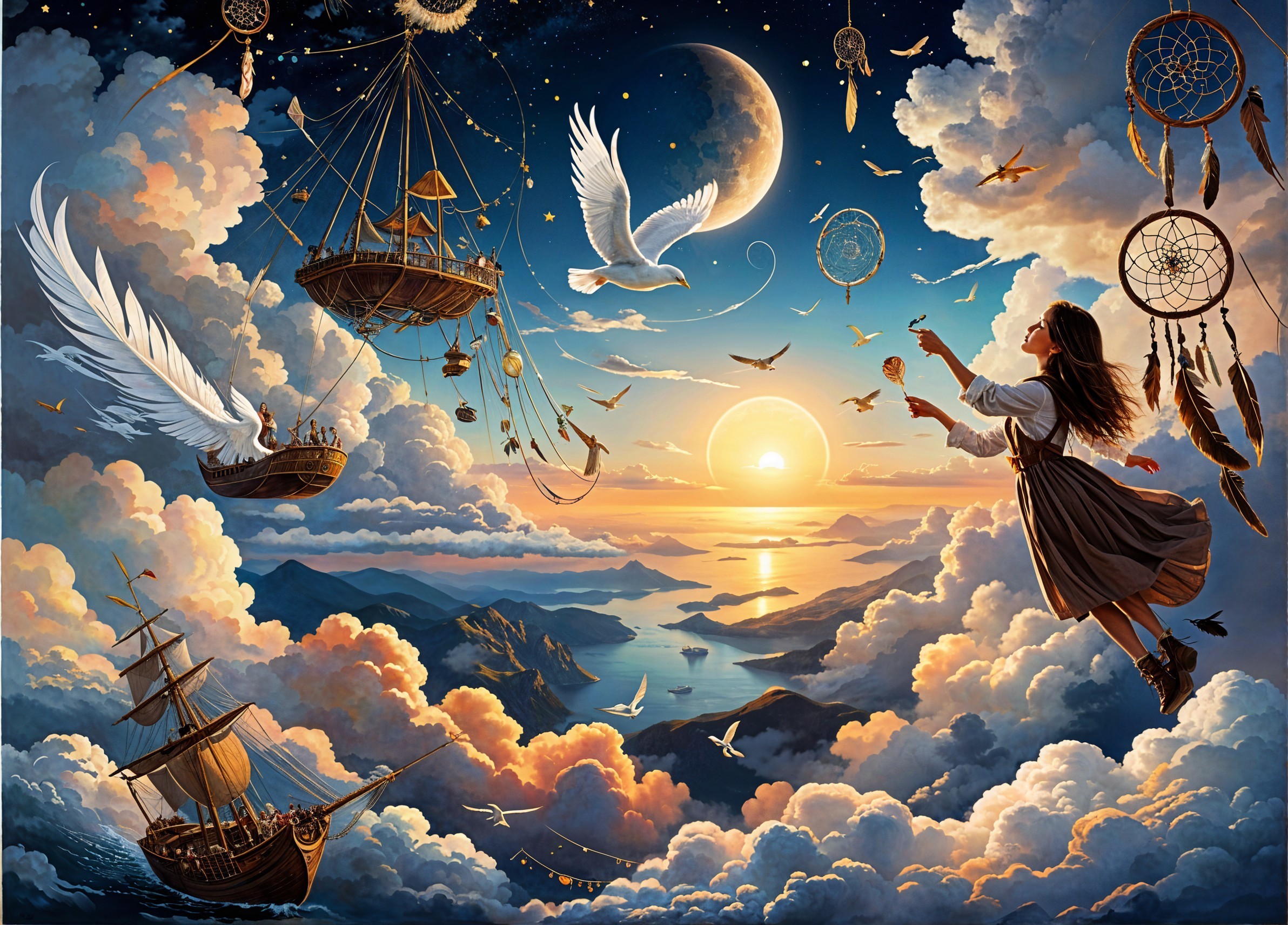 Enchanting Scene of a Woman with Doves and Floating Ships