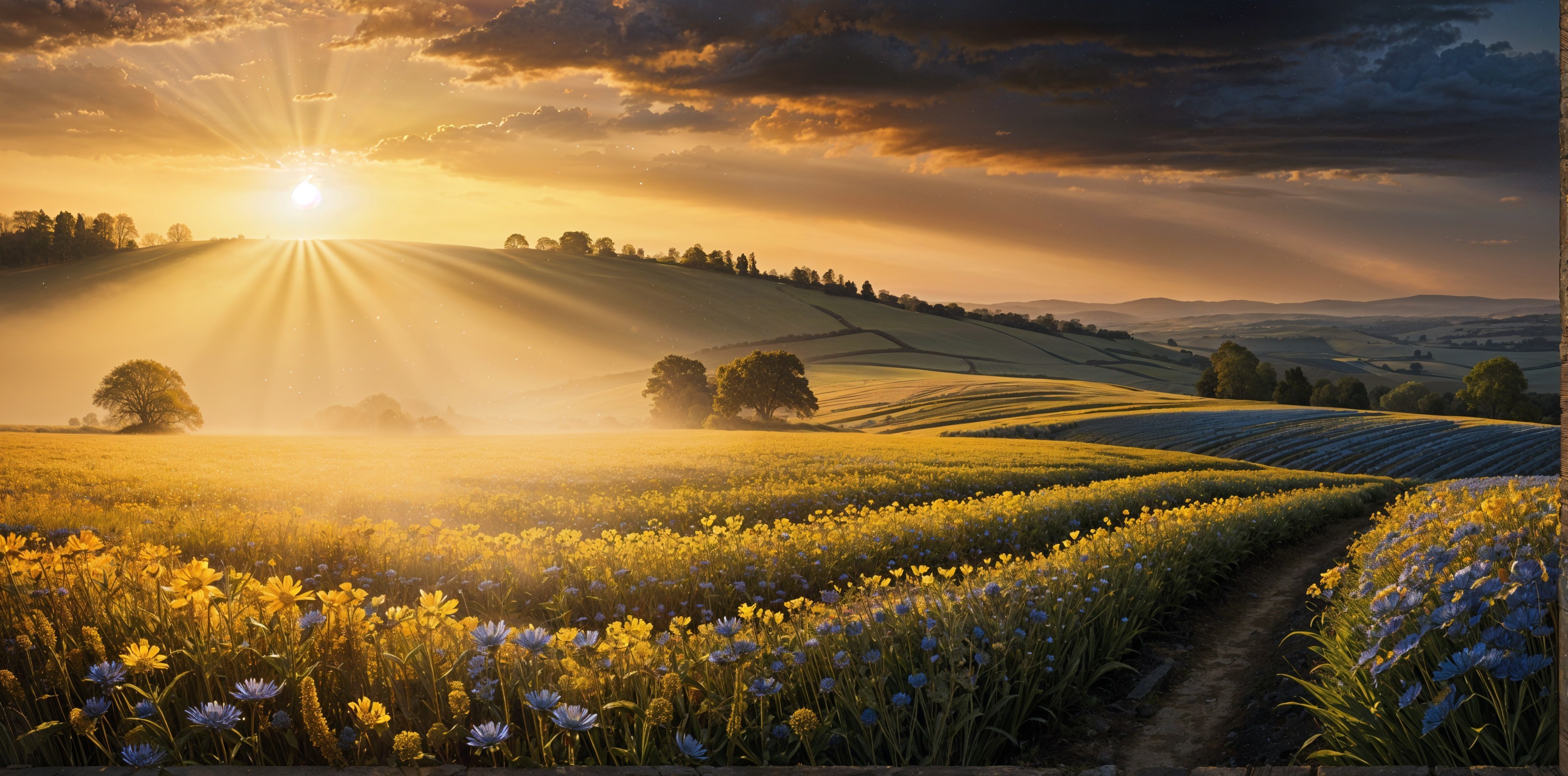 Sunset Landscape with Hills and Vibrant Flower Fields