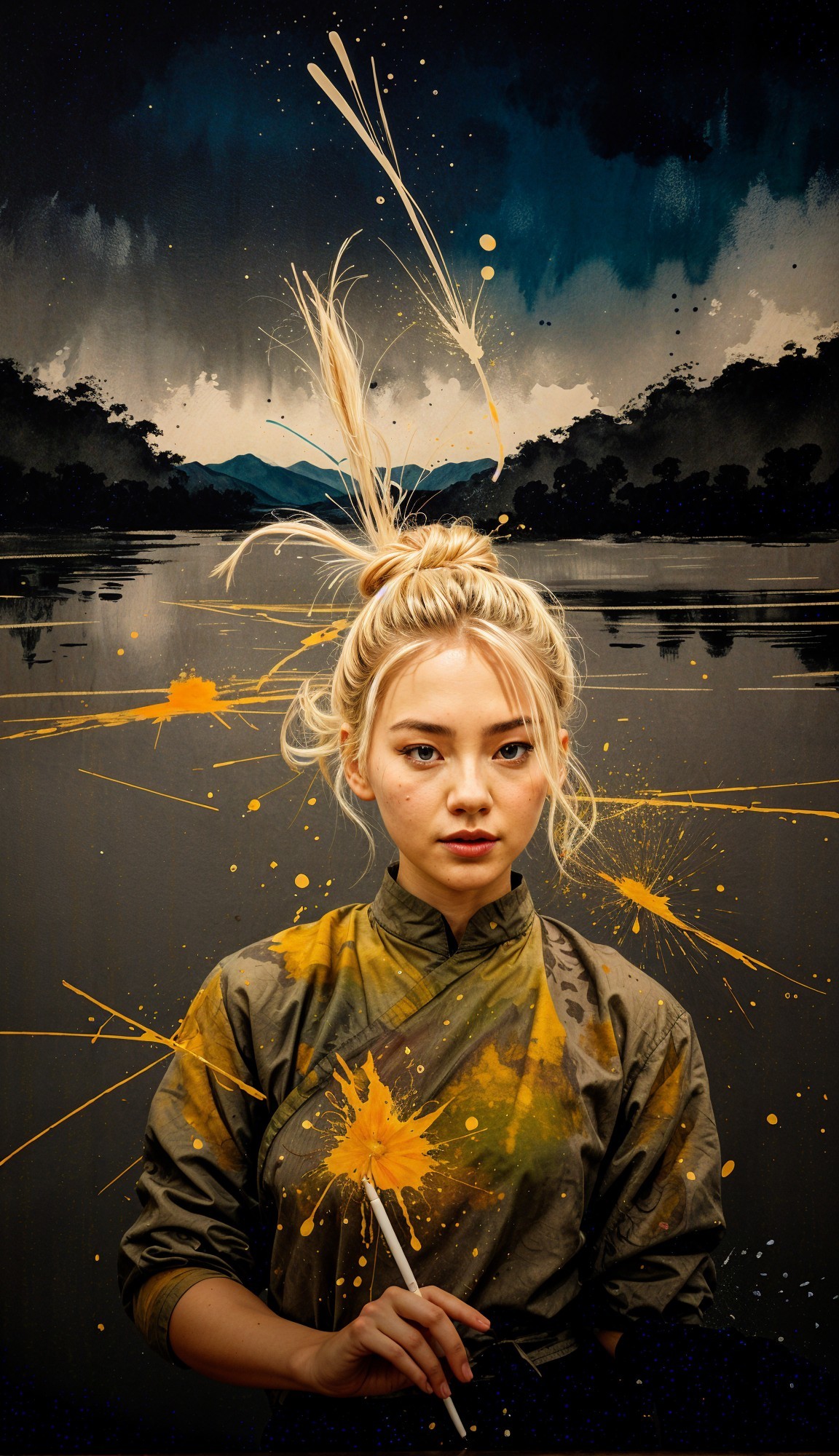 Young Woman in Gray Jacket Against Mountain Landscape