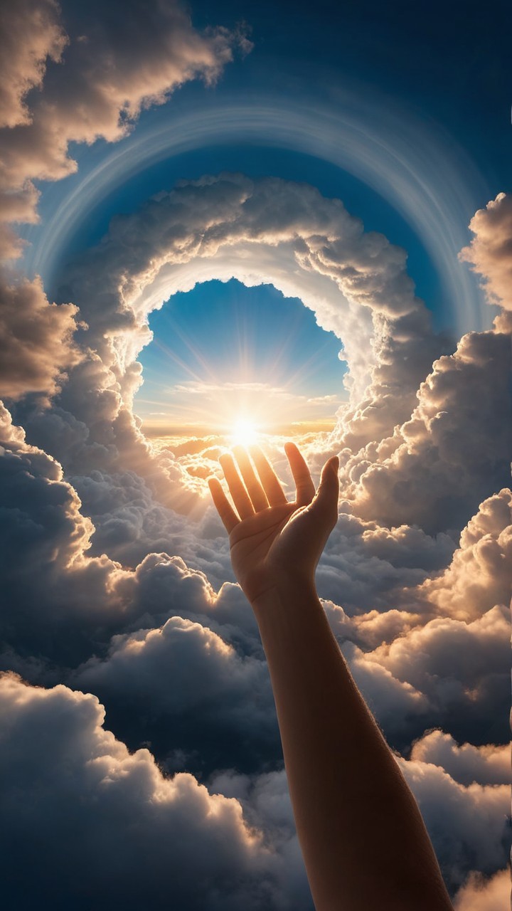 Hand Reaching Toward Radiant Sun Through Clouds