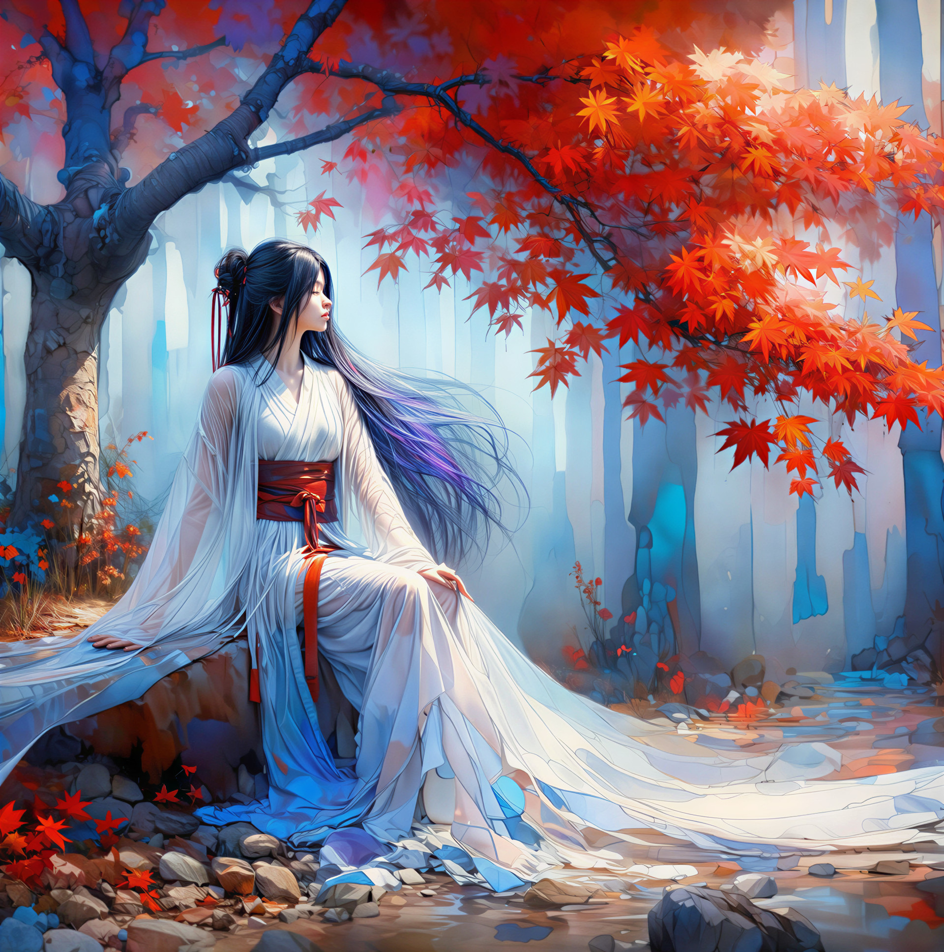 Serene Figure in White Robe Amidst Maple Leaves