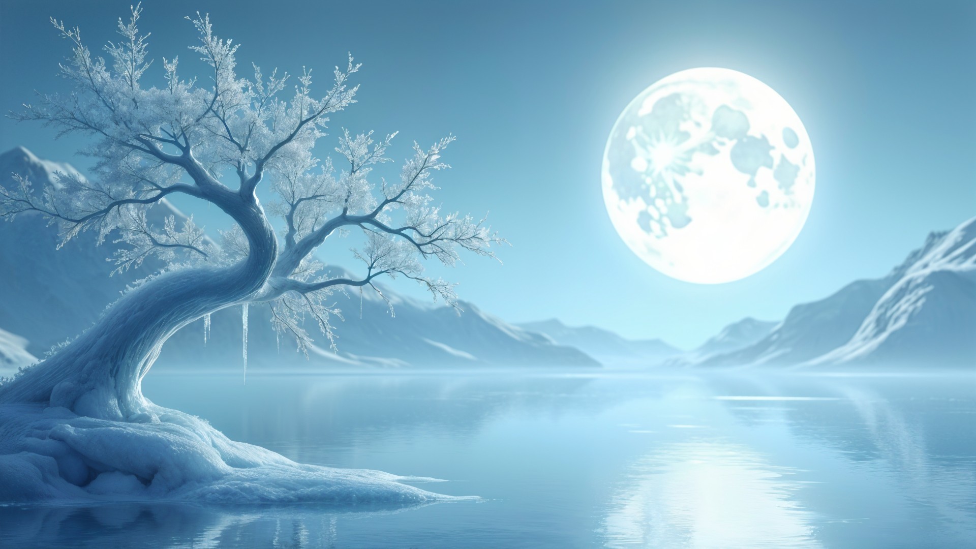 Serene Winter Landscape with Moonlit Lake and Mountains