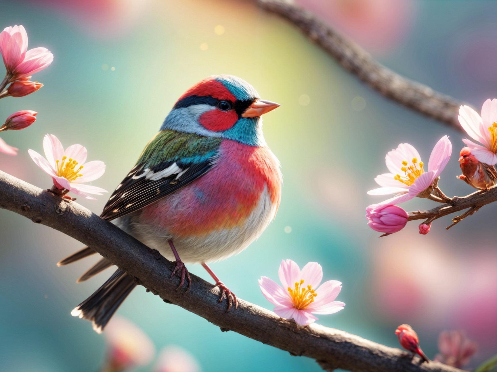Vibrant bird on branch with pink blossoms in spring
