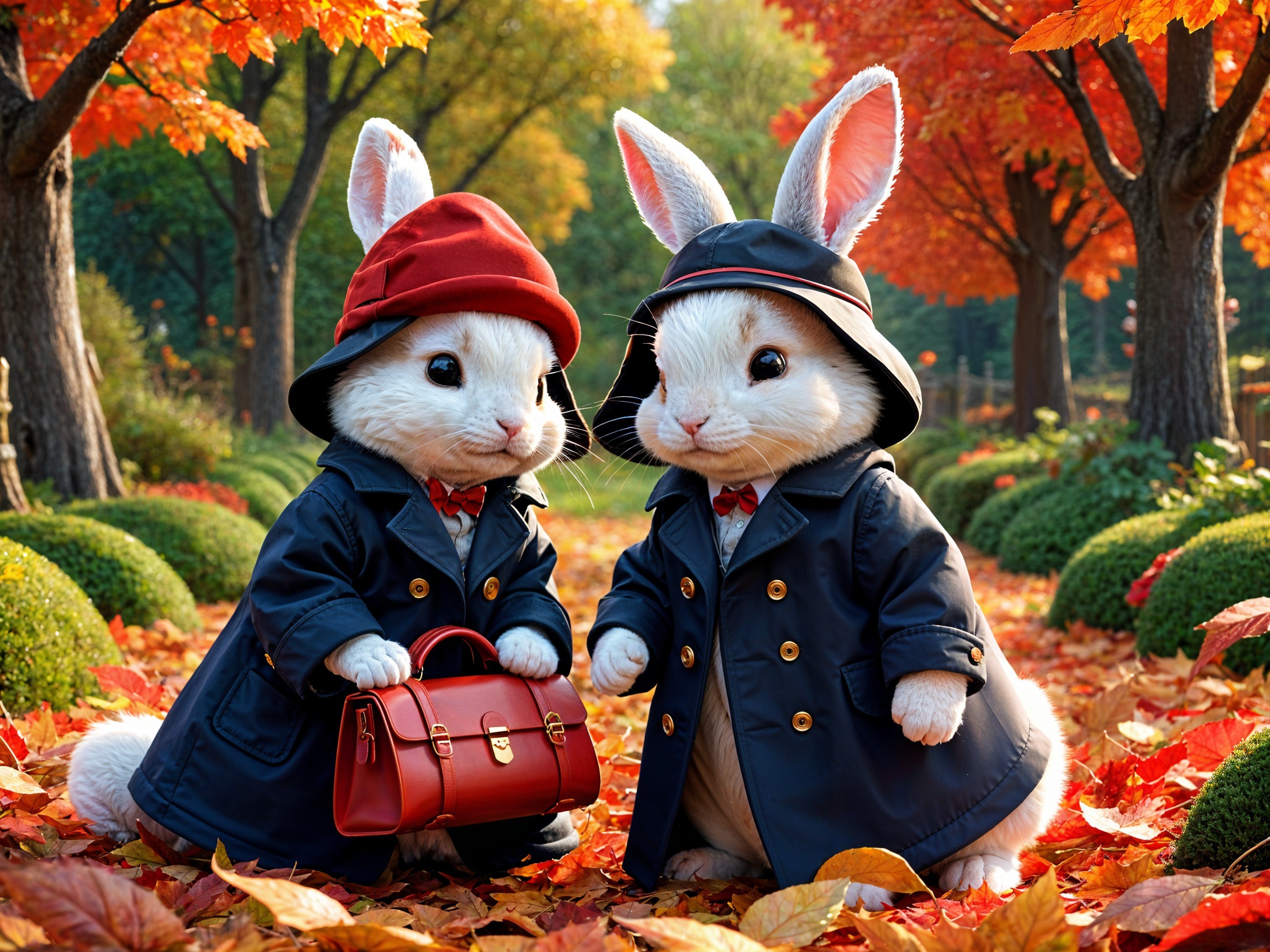 Rabbits in Raincoats Surrounded by Autumn Foliage