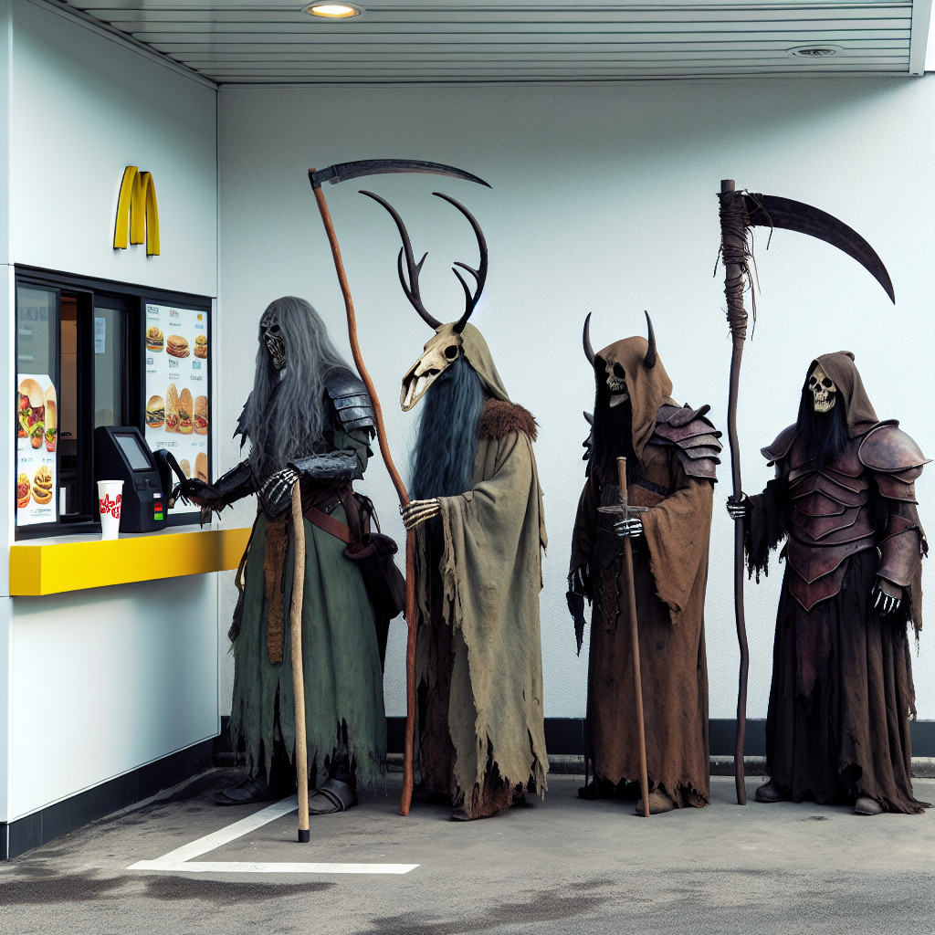 Ominous Figures in Robes at Fast-Food Drive-Thru