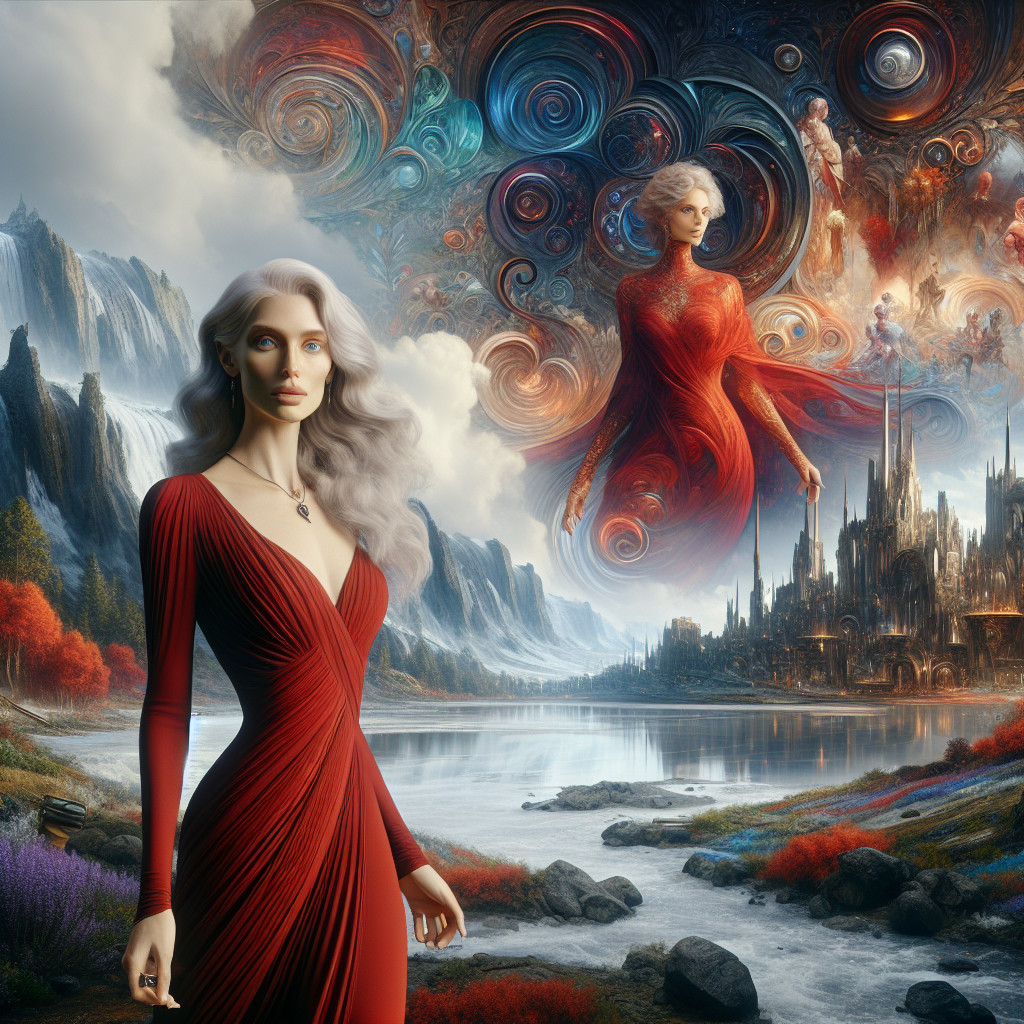 Woman in Red Gown by Serene Lake in Fantasy Landscape