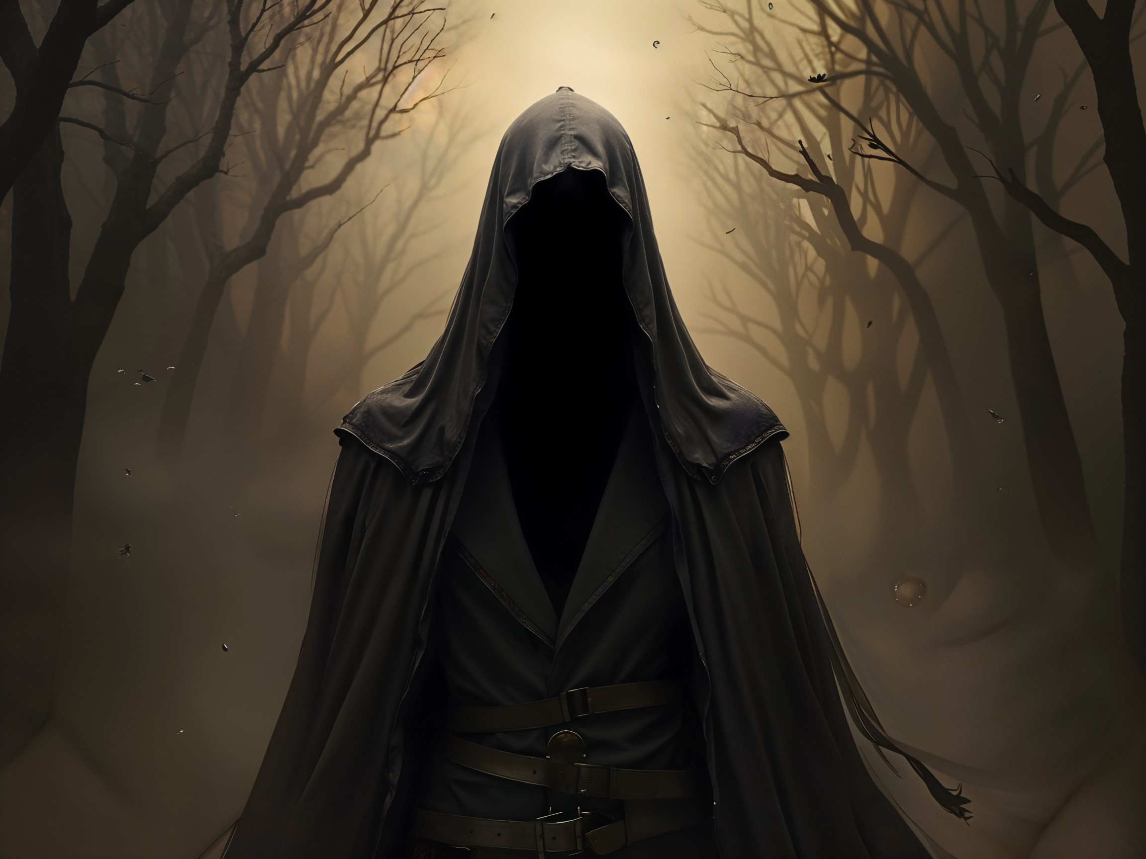 Mysterious Figure in a Misty, Twisted Forest