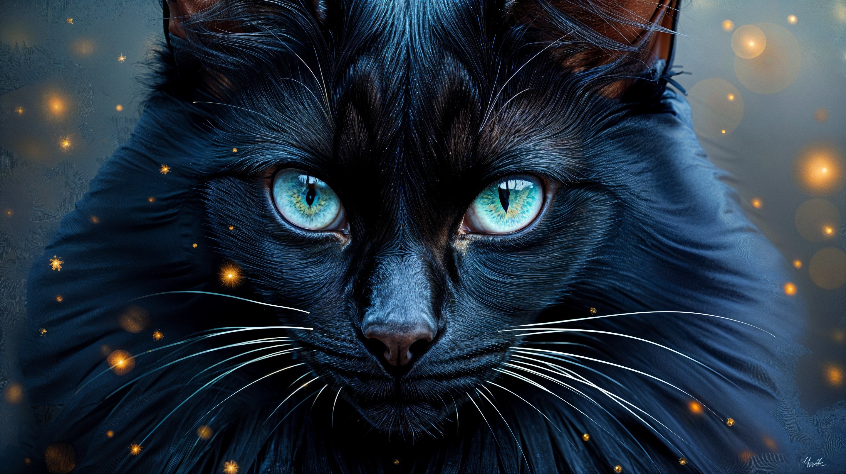 Close-Up of a Black Cat with Blue Eyes and Whiskers