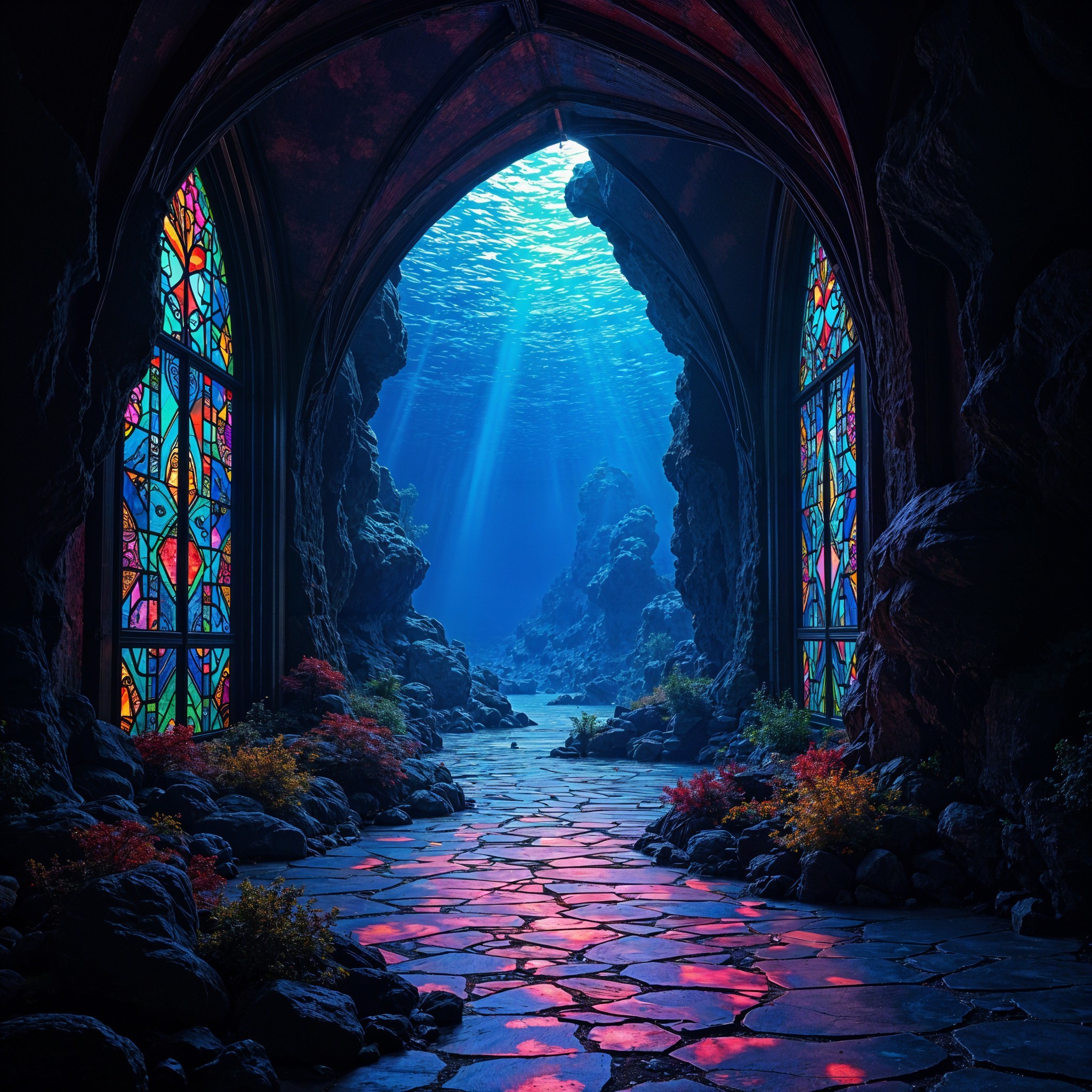 Underwater Scene with Stained-Glass Windows and Coral