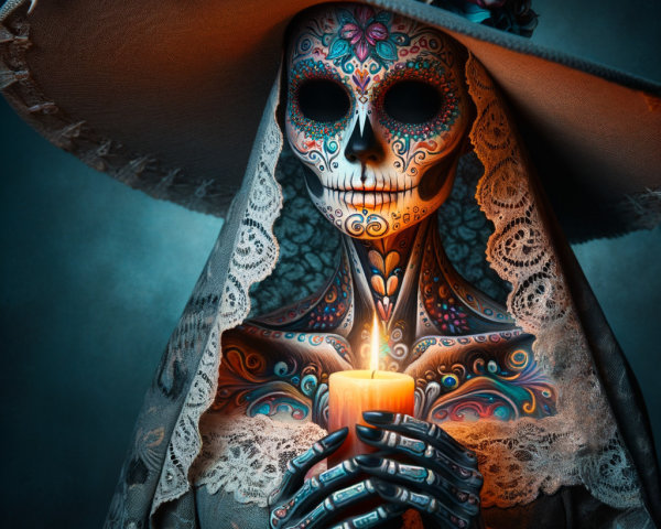 Skeleton Woman in Lace Veil with Glowing Candle
