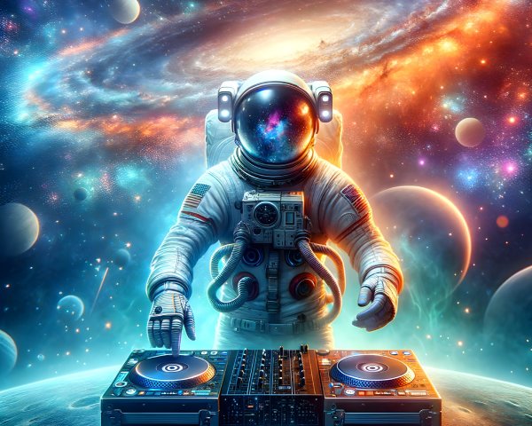 Astronaut DJing in a vibrant cosmic galaxy scene