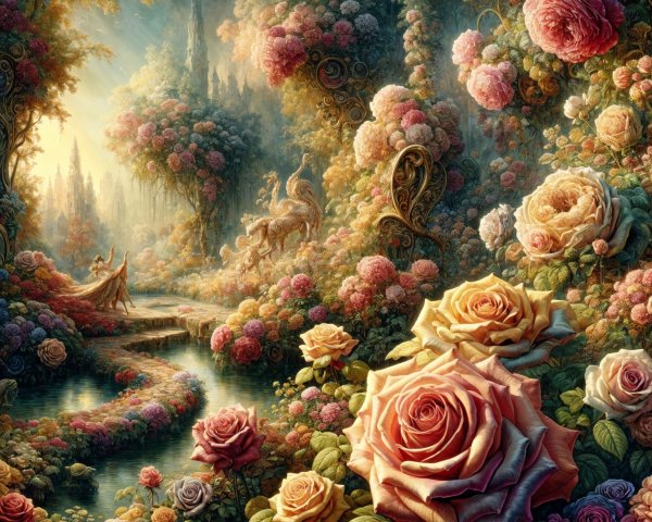 Vibrant Rose Landscape with Ethereal Figures and Creatures