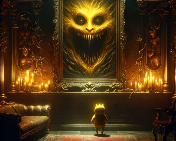 Cartoonish Creature in Ominous Gothic Room with Art