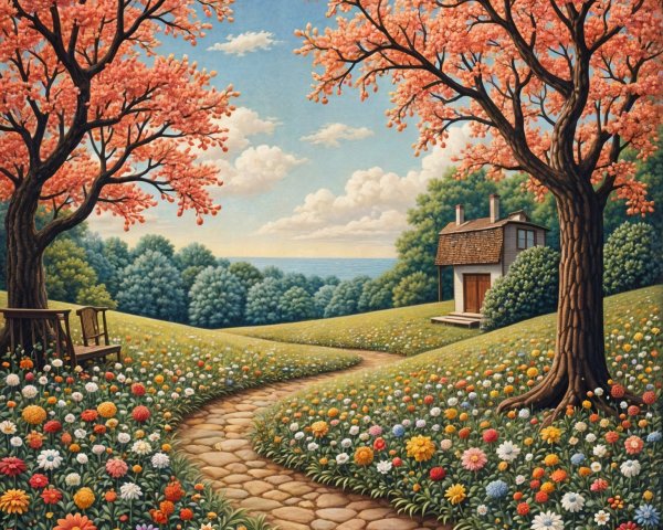 Serene Landscape with Pink Trees and Quaint Cottage