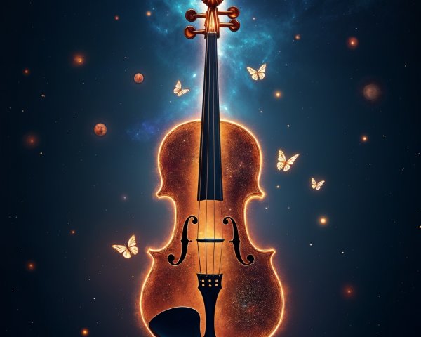 Violin Against Cosmic Backdrop with Butterflies