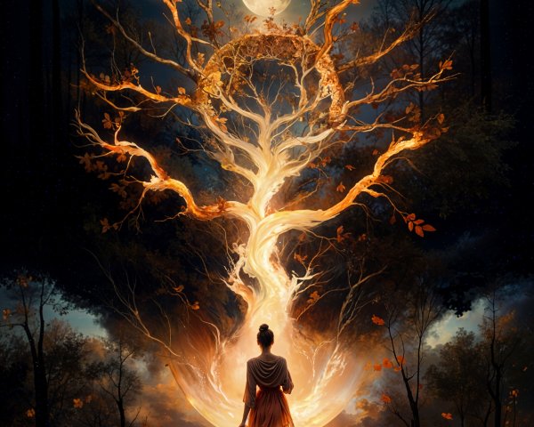 Serene Figure by Tranquil Water and Glowing Tree