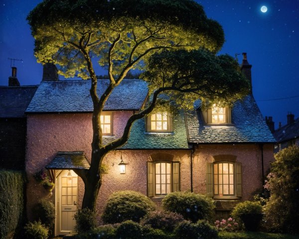Charming Cottage Under Starlit Sky with Lush Foliage