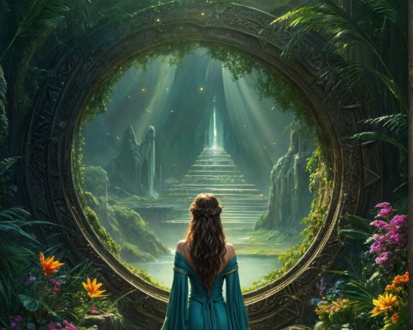 Woman in Turquoise Gown at Mystical Portal Entrance