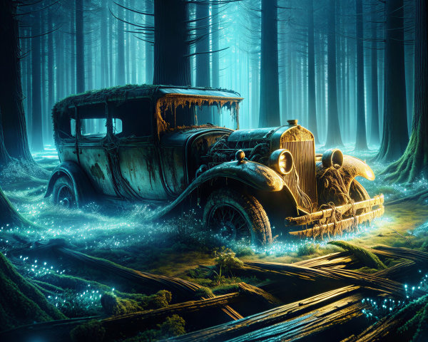 Abandoned Car in a Misty Enchanted Forest Scene