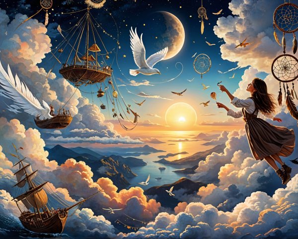 Enchanting Scene of a Woman with Doves and Floating Ships