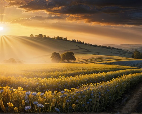 Sunset Landscape with Hills and Vibrant Flower Fields