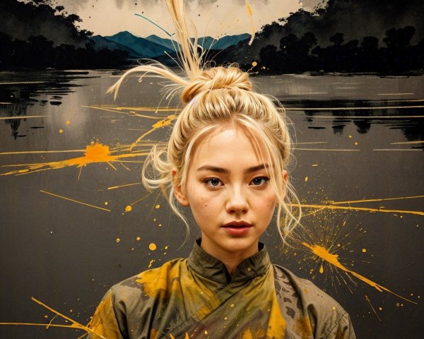 Young Woman in Gray Jacket Against Mountain Landscape