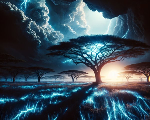 Surreal Landscape with Majestic Tree and Lightning Sky