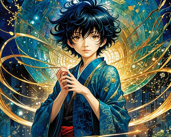 Young Individual in Blue Kimono Surrounded by Light