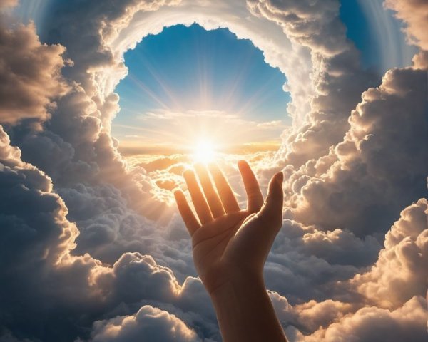 Hand Reaching Toward Radiant Sun Through Clouds
