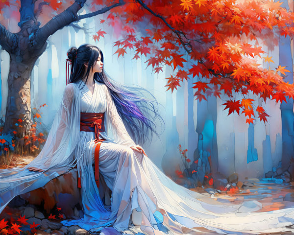 Serene Figure in White Robe Amidst Maple Leaves