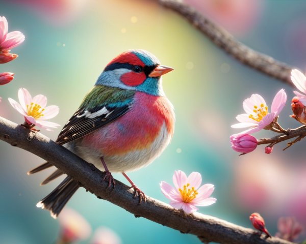 Vibrant bird on branch with pink blossoms in spring