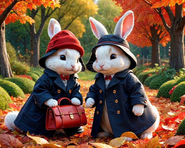 Rabbits in Raincoats Surrounded by Autumn Foliage