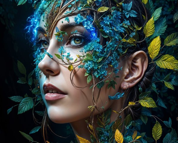 Portrait of a Woman Merging with Nature and Foliage