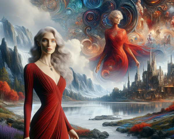 Woman in Red Gown by Serene Lake in Fantasy Landscape