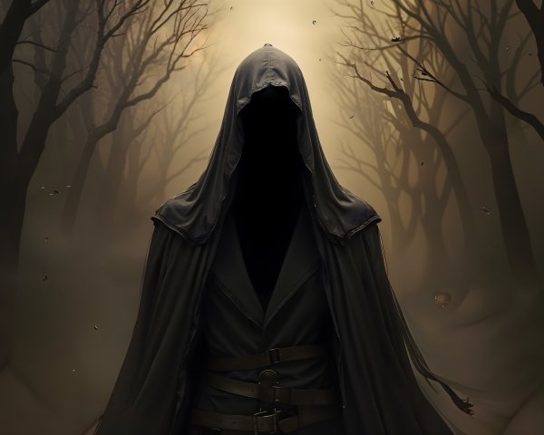 Mysterious Figure in a Misty, Twisted Forest