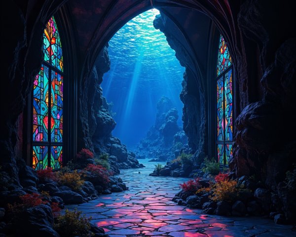 Underwater Scene with Stained-Glass Windows and Coral