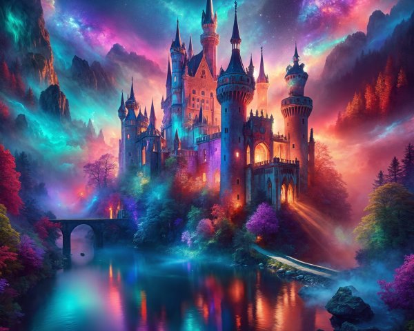 Fantasy Castle Amidst Galaxies and Vibrant Auroras
