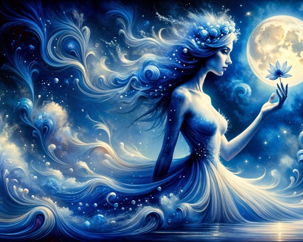 Ethereal Figure Surrounded by Water and Cosmic Elements