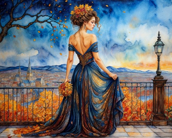 Young Woman in Blue Gown Overlooking Autumn Landscape