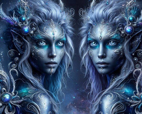 Ethereal Figures with Silver-Blue Hair in Fantasy Scene