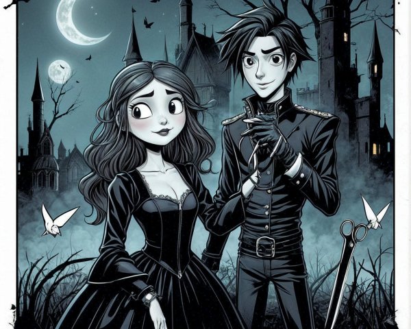 Gothic Couple in Misty Graveyard with Eerie Castle